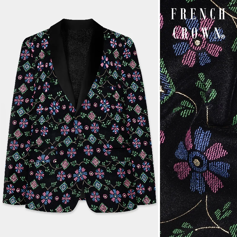 Jade Black and Glade Green Multicolour Floral Jacquard Weave Tuxedo Blazer