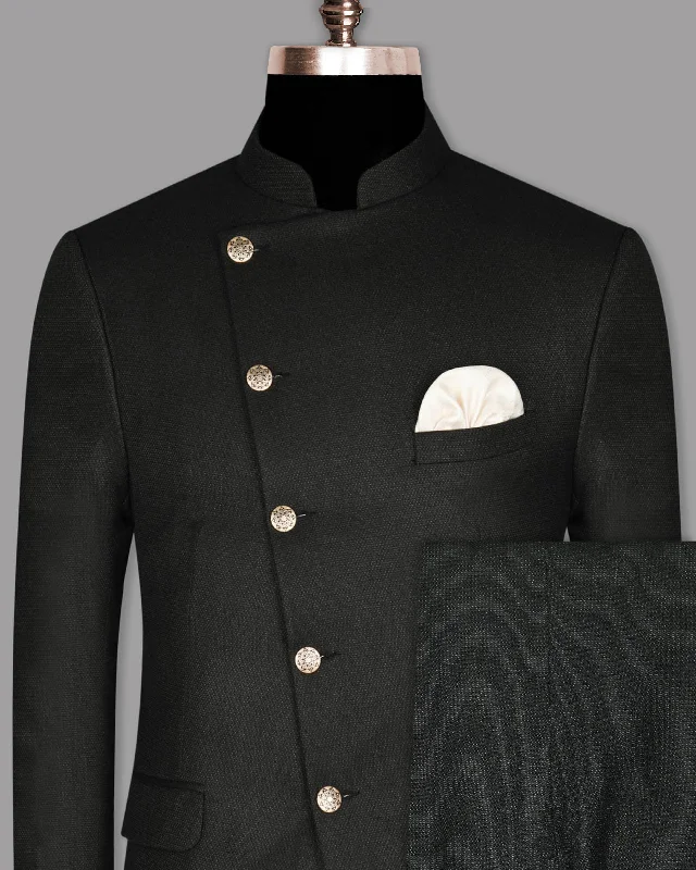 Jade Black with Subtle Grey texture Cross Placket Bandhgala/Mandarin Wool-Silk blend Suit