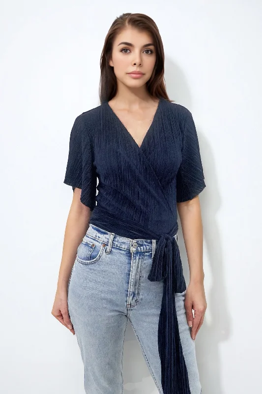 JASMINE NAVY PLISSE WRAP TOP WITH ANGEL SLEEVE