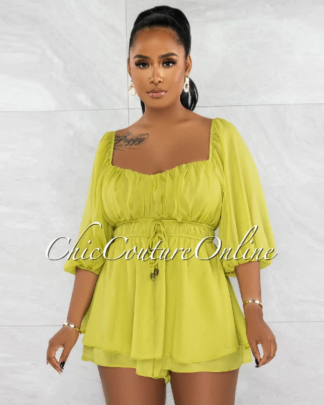 Jordan Olive Green Overlay Ruffle Shift Romper