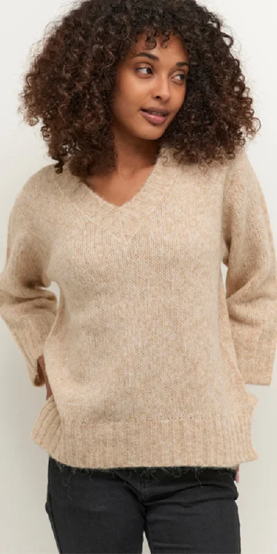 Kaffe V-neck Straight Sweater, light camel