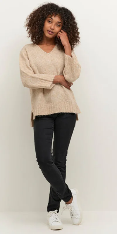 Kaffe V-neck Straight Sweater, light camel