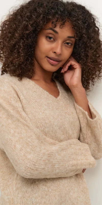 Kaffe V-neck Straight Sweater, light camel