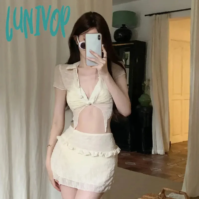 Lunivop Women Two-Piece Swimwear Swimsuit White Korean Style 2 Piece Beach Wear Swimsuit Set With Skirt And Cardigan