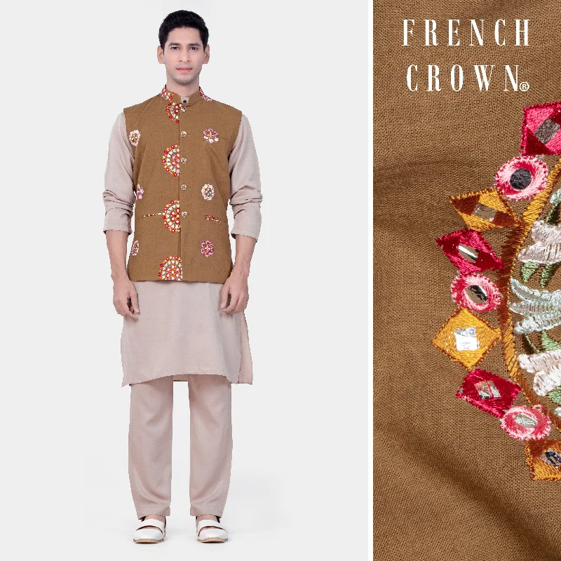 Martini Brown Kurta Set With Spicy Mix Brown With Shisha work Embroidered Nehru Jacket