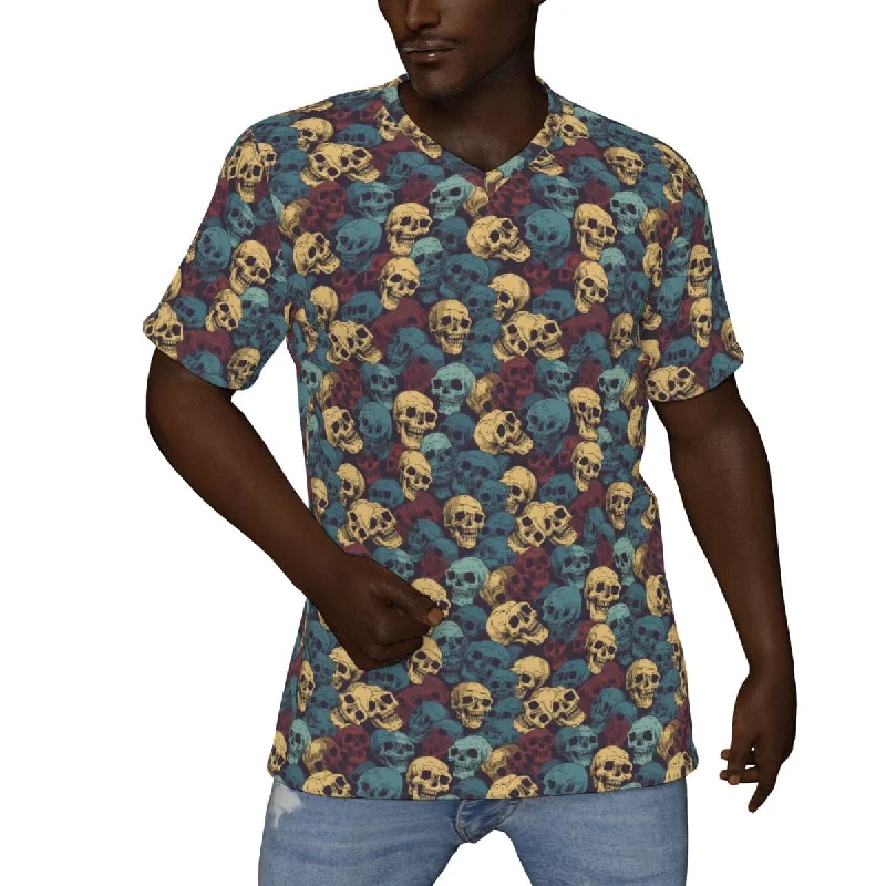 Men's Blue Gold Skulls V-Neck Short Sleeve T-Shirt