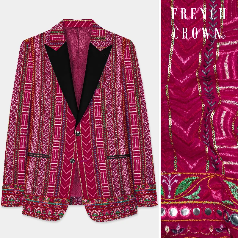 Merlot Pink sequin and Multicolor thread Embroidered Velvet Peak Collar Tuxedo Blazer