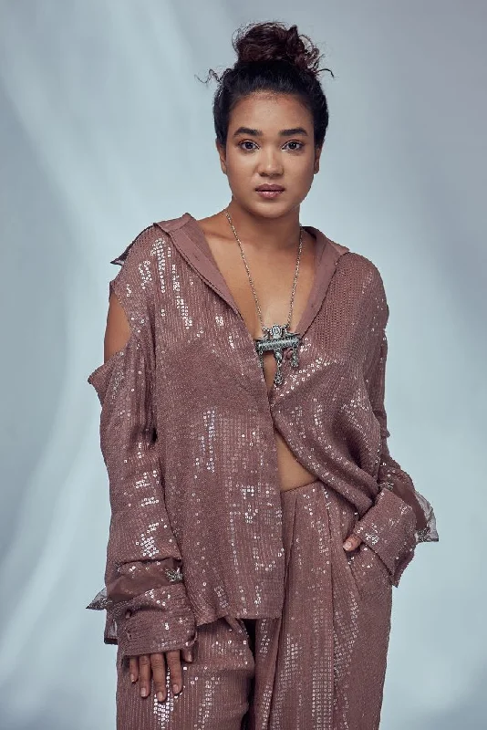 Nude Oversized Cold Shoulder Sequin Shirt