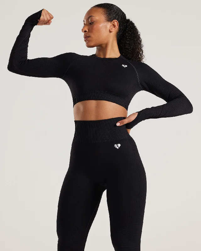 Power Seamless Long Sleeve Crop Top | Black