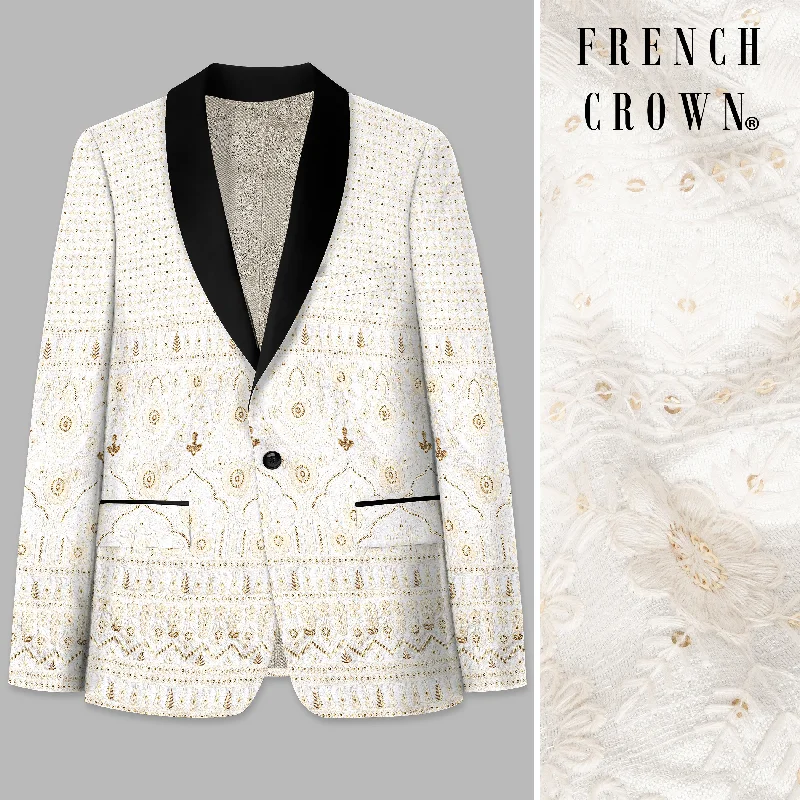 Sand Cream Thread and Sequin Embroidered Tuxedo Blazer