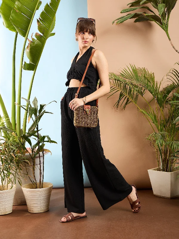 Women Black Knitted Halter Neck Jumpsuit