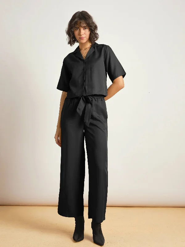 Women Black Notch Collar Shirt With Paperback Waist Pants