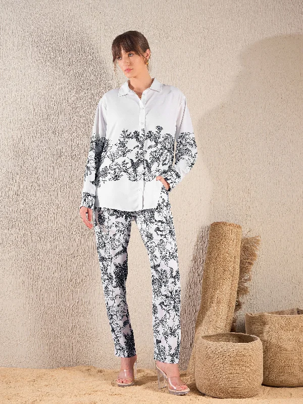 Women Black Floral Oversized Shirt With Tapered Pants