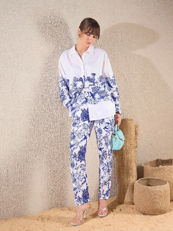 Women Blue Floral Oversized Shirt With Tapered Pants