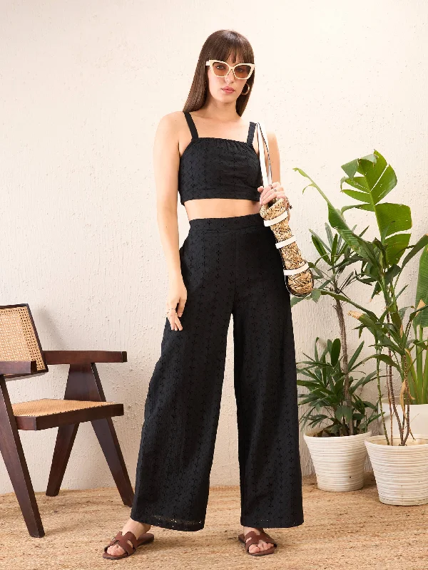 Women Black Schiffli Crop Top With Straight Pants