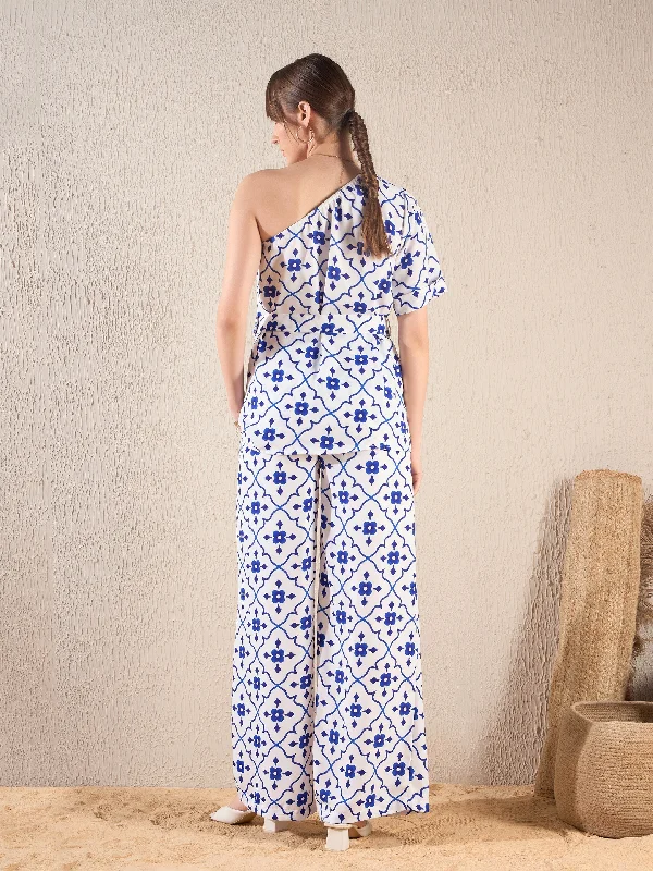 Women Navy Ethnic Print One Shoulder Top With Pants