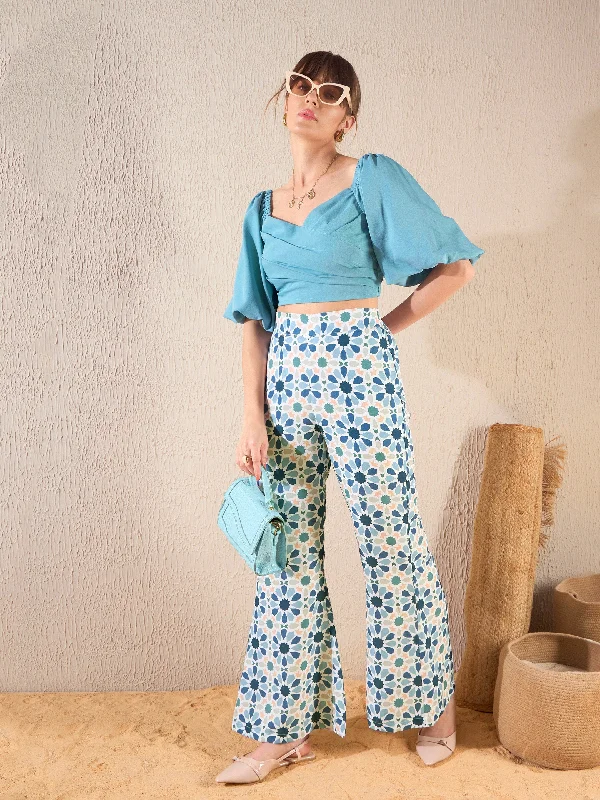 Women Teal Blue Geometric Puff Sleeves Crop Top With Pants