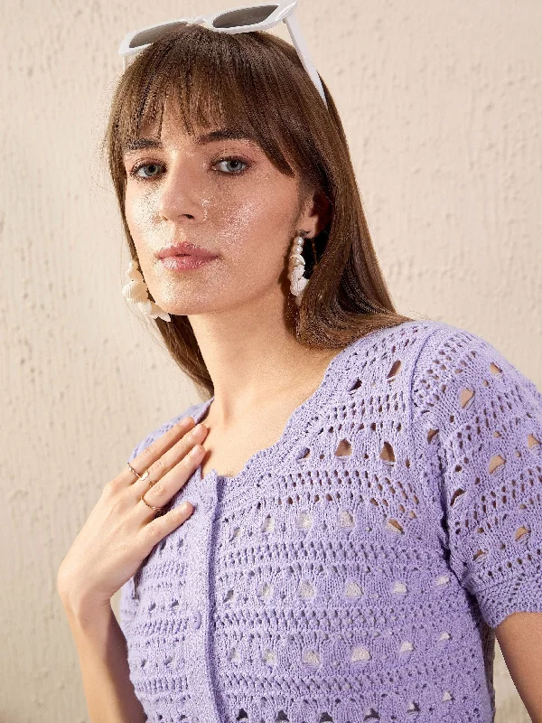 Women Lavender Round Neck Crochet Top