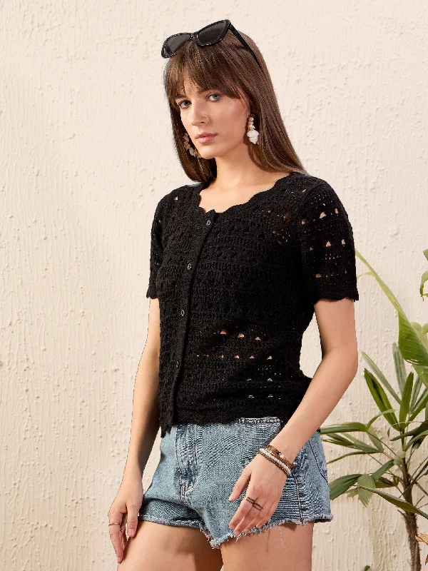 Women Black Round Neck Crochet Top