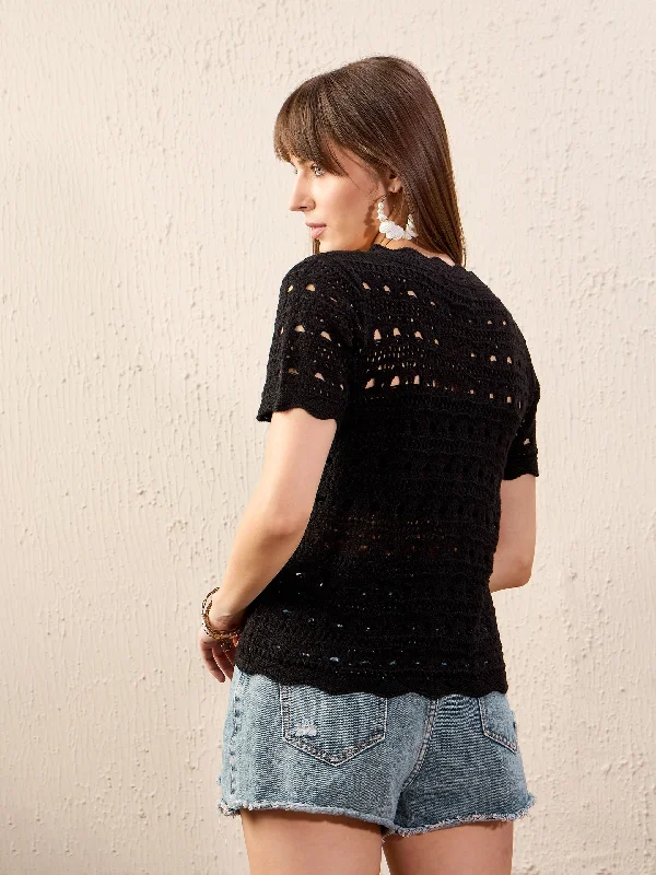 Women Black Round Neck Crochet Top