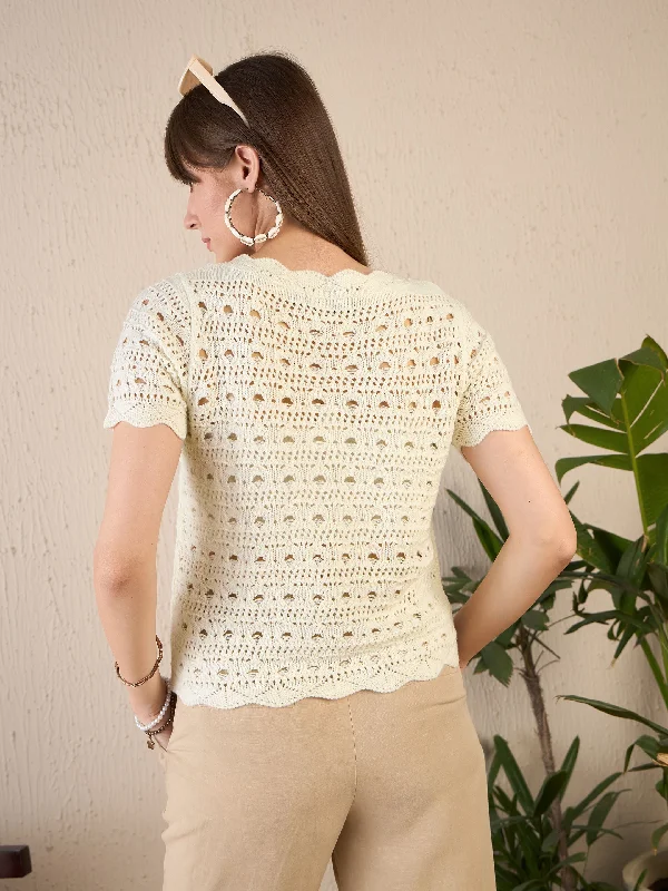 Women Off White Round Neck Crochet Top