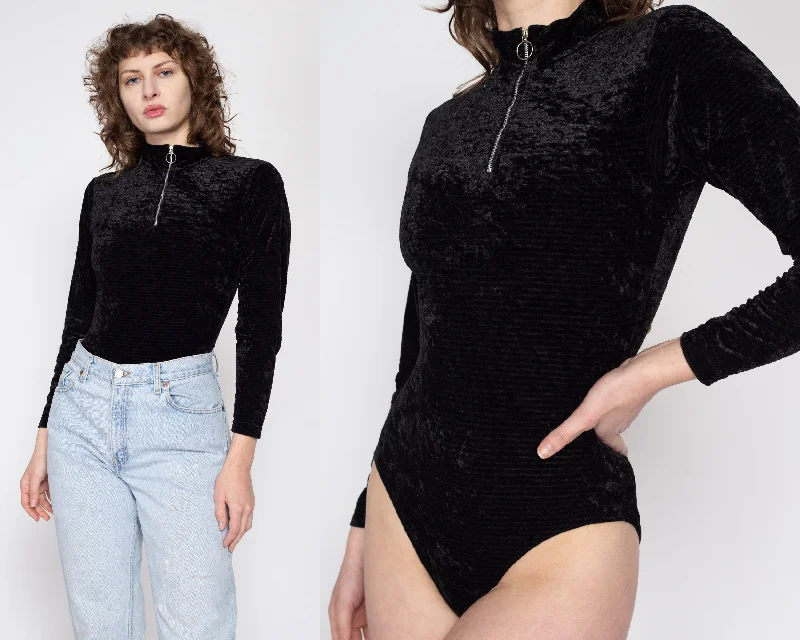 Sm-Med 90s Black Crushed Velvet Ring Zip Bodysuit Top