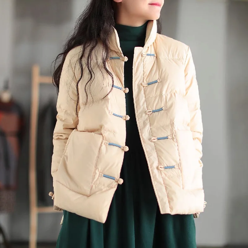 Stand Collar Retro Chinese Style Women's Down Coat with Strap Buttons