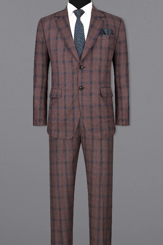 Taupe Brown Plaid Single Breasted Suit