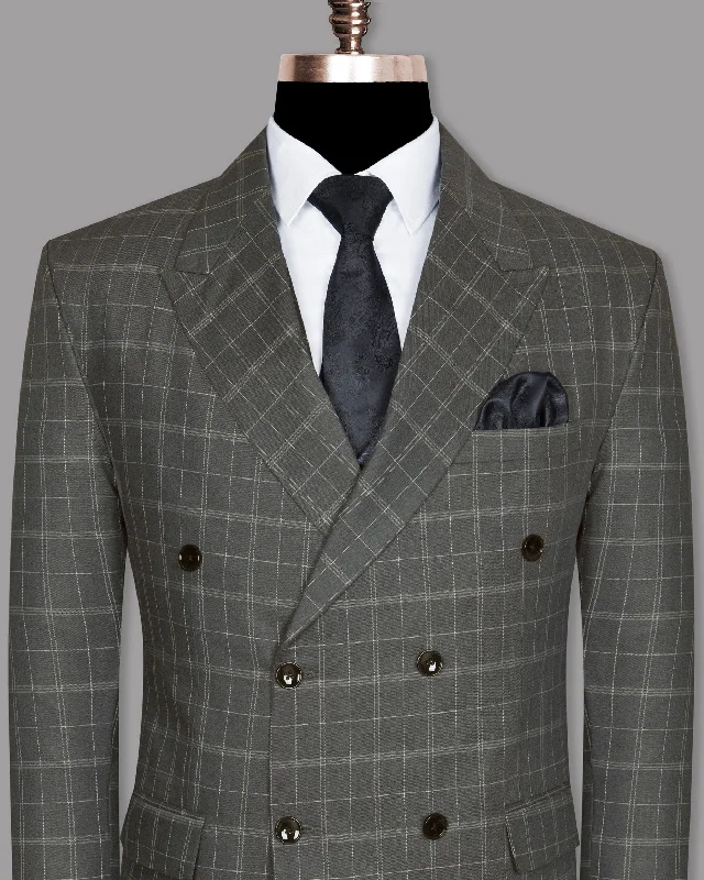 Trout Grey Windowpane Pure Wool Double Breasted Blazer