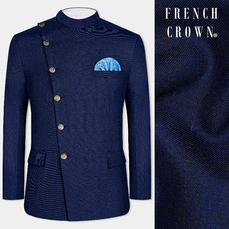 Tuna Blue Windowpane Cross Placket Bandhgaala Blazer