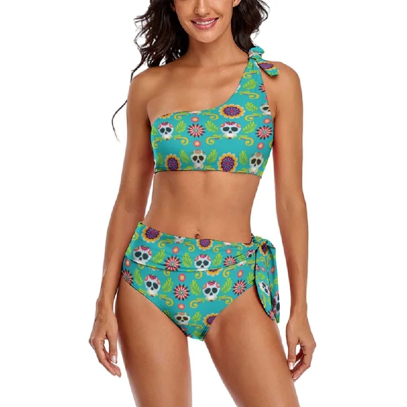 Turqiouse Flowers & Skulls Two Piece One Shoulder Bikini