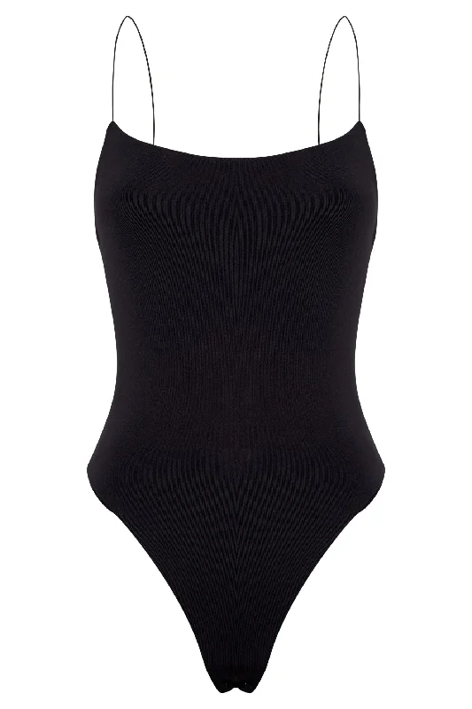 Valeria Low Back Thin Strap Bodysuit - Black