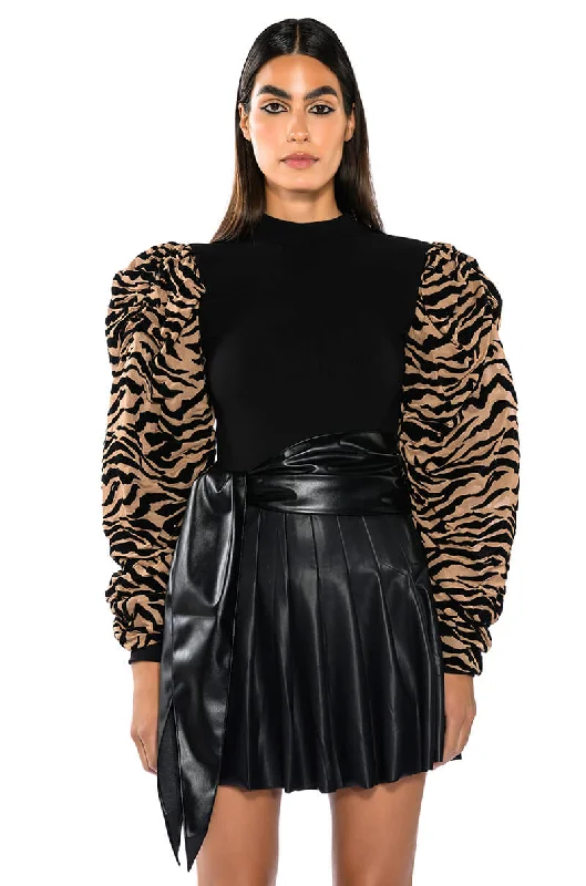 WILD SIDE CREW NECK FLOCKED RUFFLE SLEEVE TOP