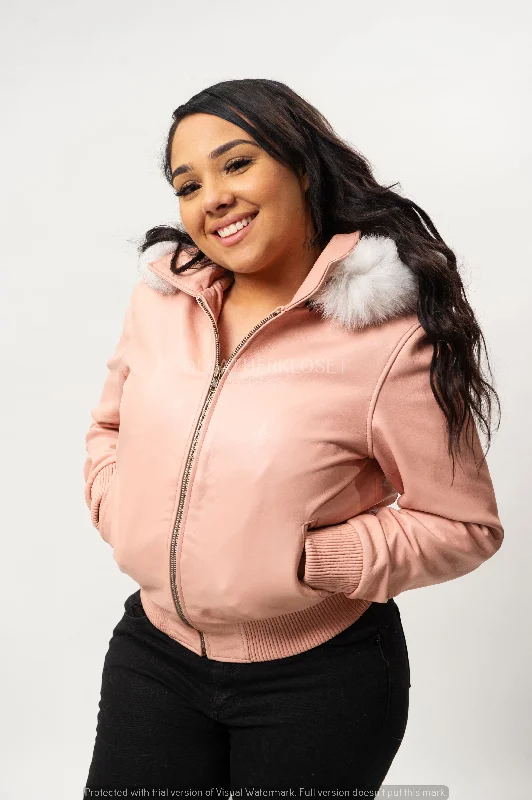 Women's BB Jacket With Premium Fox Fur Hood [Baby Pink]