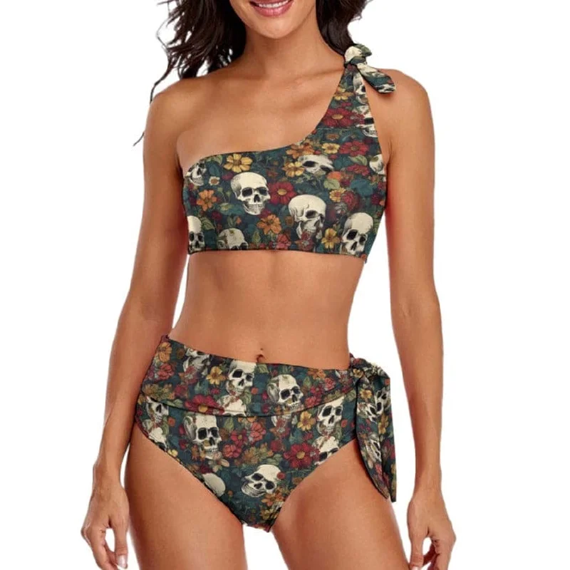 Women's Skulls Two Piece One Shoulder Bikini Swimsuit