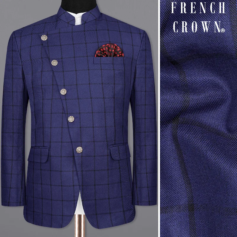 Zodiac Dark Blue Windowpane Cross Placket Bandhgala Blazer