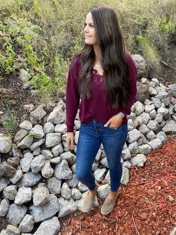 Burgundy Lace V Neckline Top