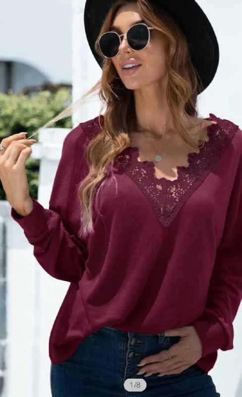 Burgundy Lace V Neckline Top