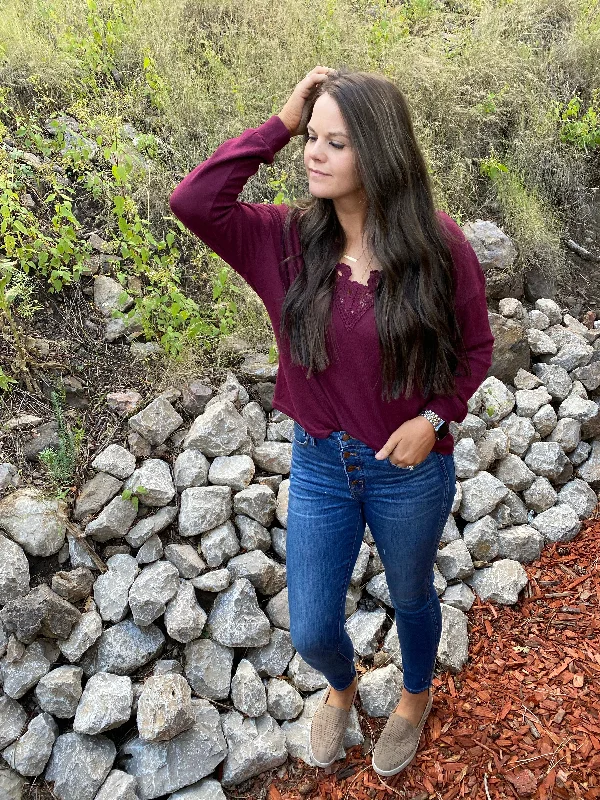 Burgundy Lace V Neckline Top