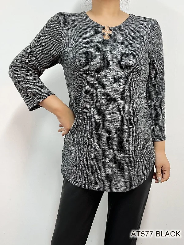 GREY BLACK SELF PRINT RING NECK TOP AT577