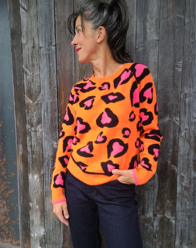 Lucy Leopard  Crew Sweater Neon Orange/Black