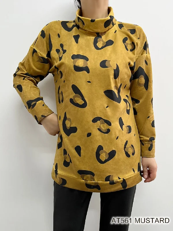 MUSTARD BLACK CUSTOM PRINT TURTLE NECK TOP