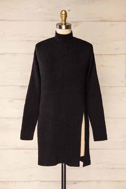 Nalchik Black | Long Ribbed Sweater w/ Slit