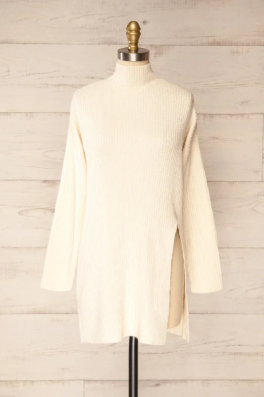 Nalchik Ivory | Long Ribbed Sweater w/ Slit