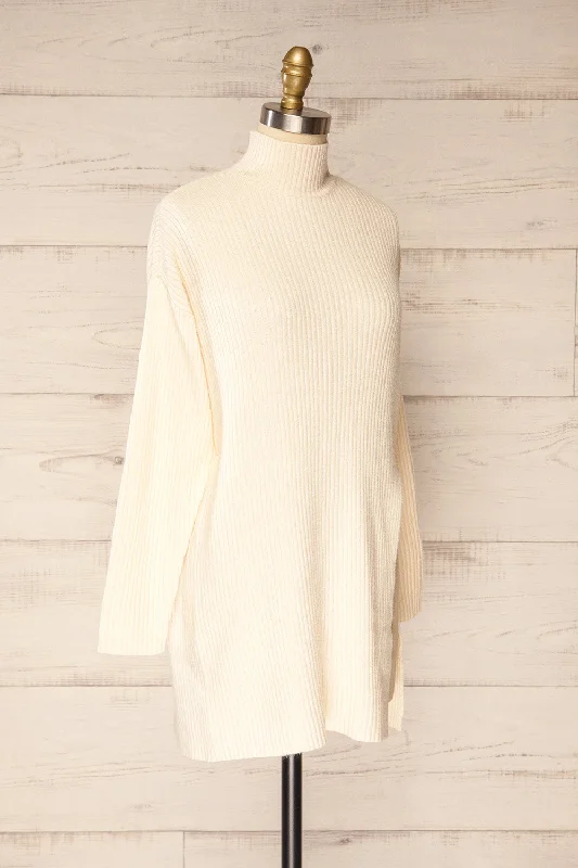 Nalchik Ivory | Long Ribbed Sweater w/ Slit