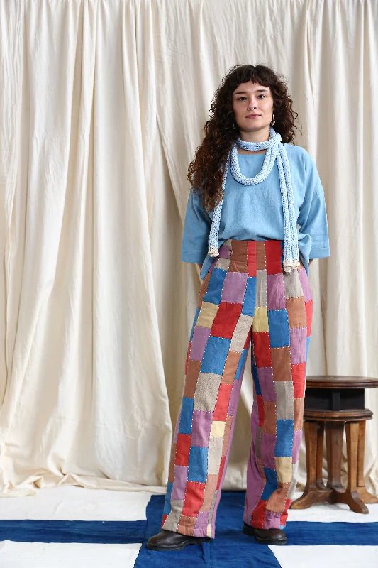 Button High-Waisted Patchwork Pants with Lac Dyed Back