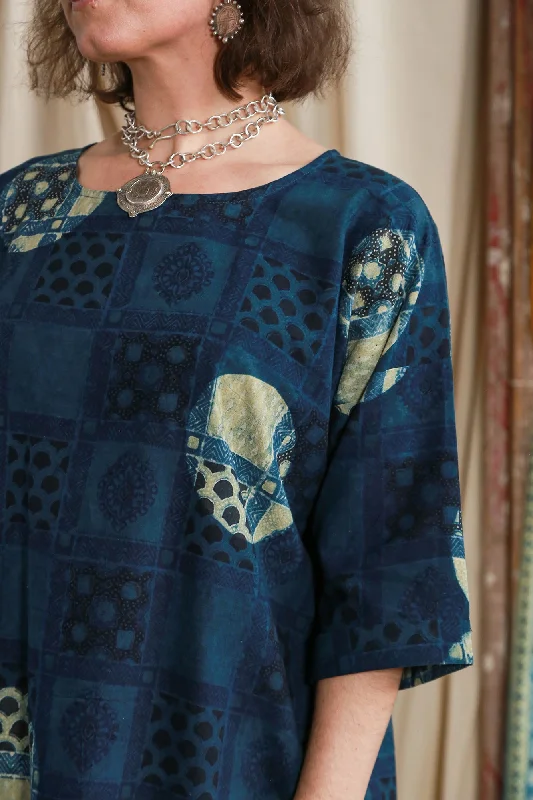 Half Sleeve Ajrakh Indigo Cotton Top