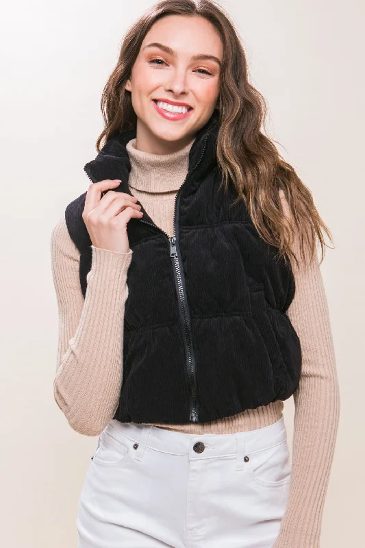 Hot Girl Love Tree Corduroy Zip Up Cropped Puffer Vest In Black