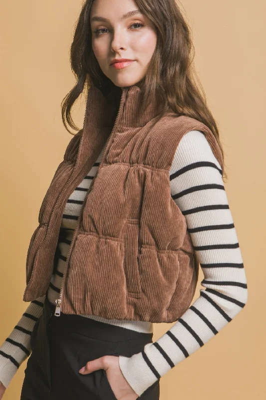 Hot Girl Love Tree Corduroy Zip Up Cropped Puffer Vest In Brown